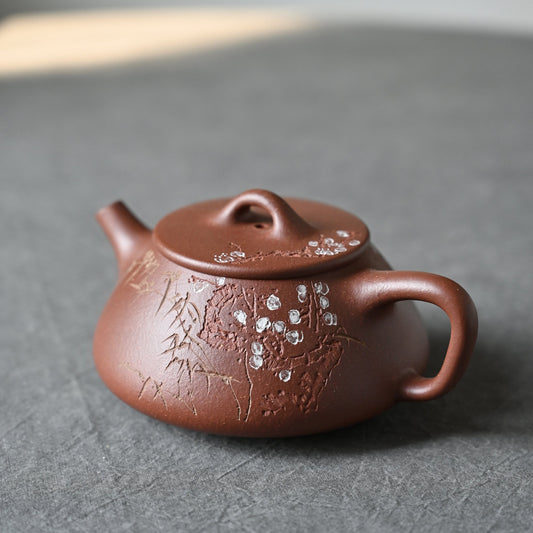 Ping Gai Shi Piao (150 ml) Zhongcaoqing Yixing Teapot with Plum and Bamboo Engraving